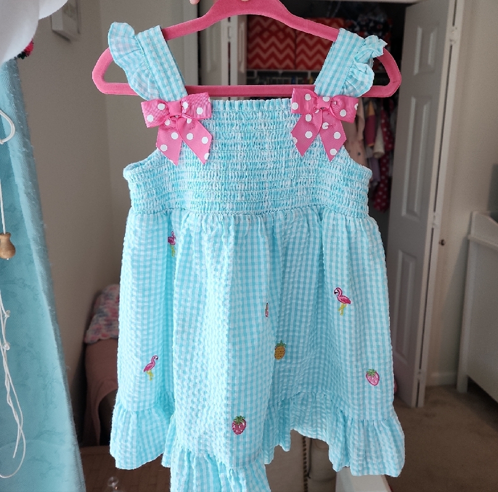 Rare Editions Blue and White Smocked Ruffled Sundress